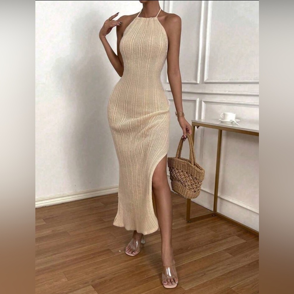 SHEIN Beige Backless Halter Knit Maxi Dress
